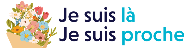 Illustration colorée d’un bouquet de fleurs composé de marguerites blanches, de coquelicots rouges, de fleurs bleues, roses, orange et jaunes, dans un emballage beige. À droite du bouquet, un texte en gros caractères indique : « Je suis là. Je suis proche. » Les mots « là » et « proche » sont en bleu turquoise, tandis que le reste du texte est en bleu foncé.